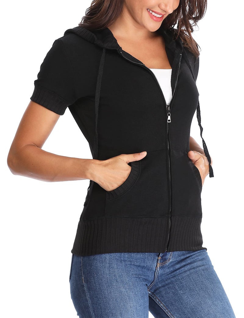 MISS MOLY Women's Zip Up Hoodie Short Sleeves Hooded Jacket Casual Lightweight Sweatshirt with Pockets Black M - Image 3